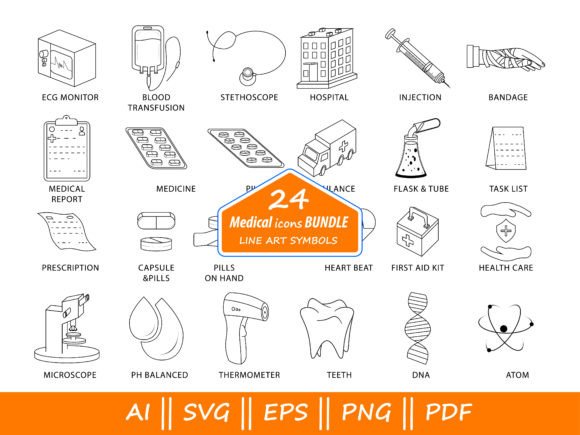 24 Medical Icons Bundle Vector Line Art